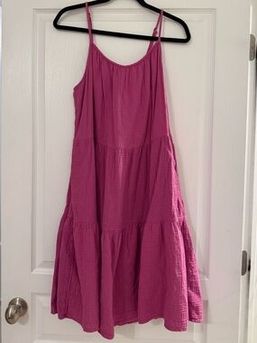 100% Cotton Midi Tiered Dress Fuchsia Women’s M Medium